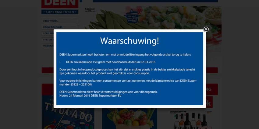 DEEN waarschuwt voor stukjes plastic in smikkelsalade DEEN waarschuwt voor stukjes plastic in smikkelsalade